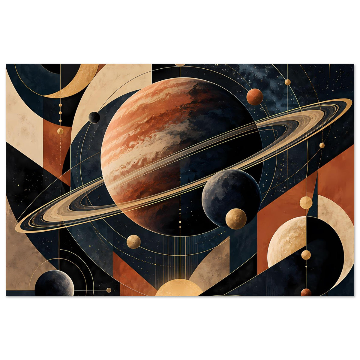 Horizontales Weltraum-Poster mit Planetenkette, Kreisbahnen und geometrischen Formen in warmen Tönen
