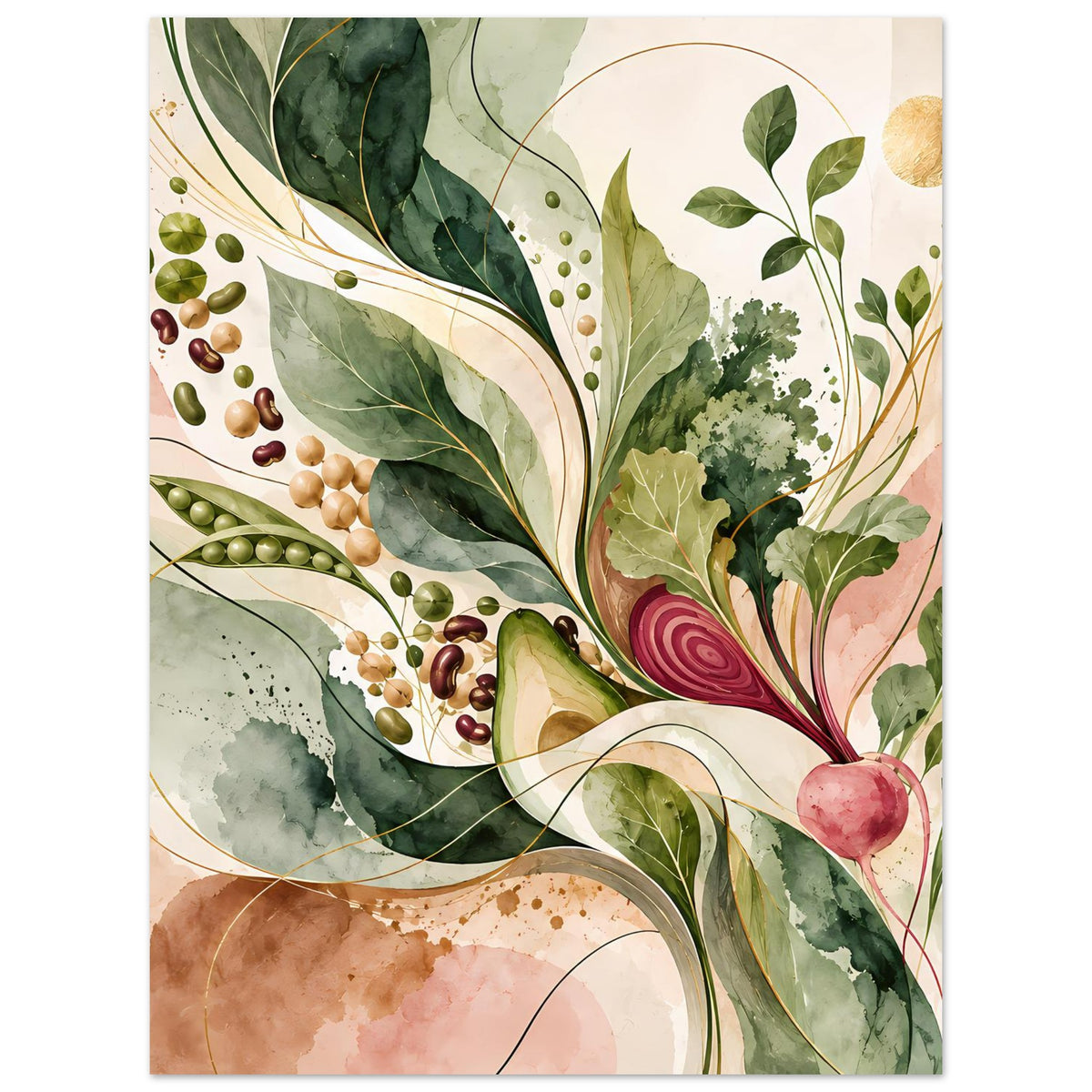 Vertikales Naturposter mit Blättern, Beeren und Wurzeln in Salbeigrün, Beige und Rosé