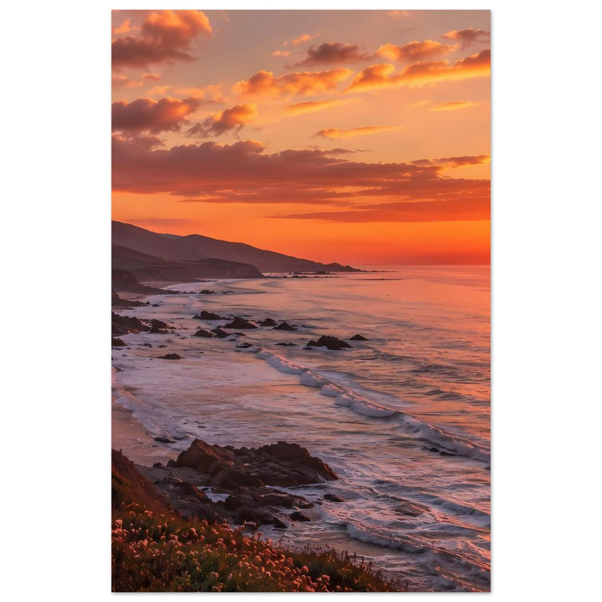 Poster im Hochformat: Strandabschnitt und Himmel über der Küste im warmen Abendton