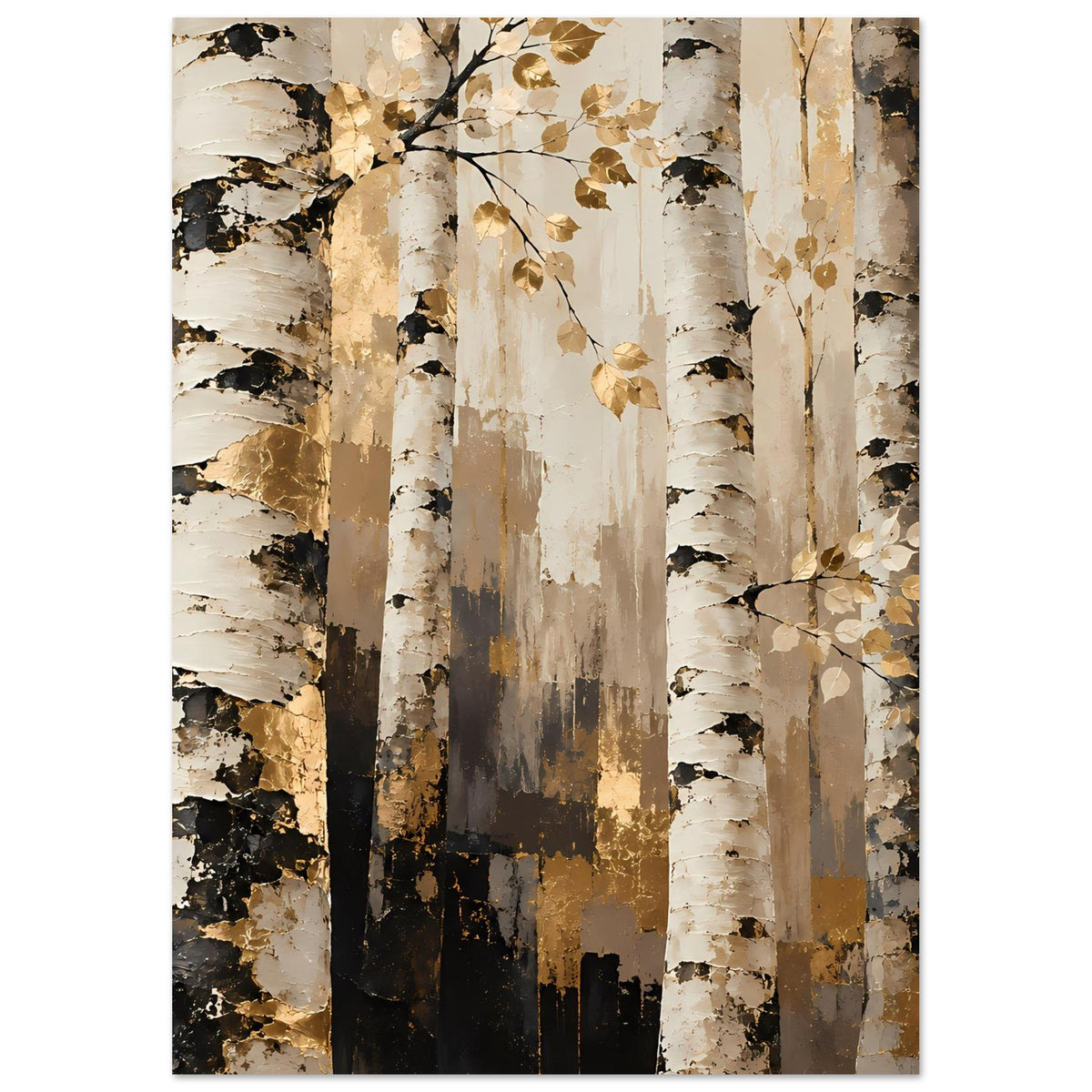 Naturposter mit Birkenstämmen, goldenen Blättern am Ast, warmen Erdtönen, hochformatig