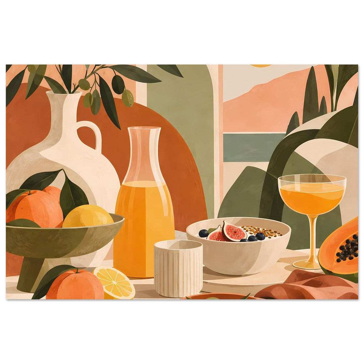 Still-Life-Poster mit Obst, Vase, Weinglas und Oliven-Schale vor Pflanzenzweigen