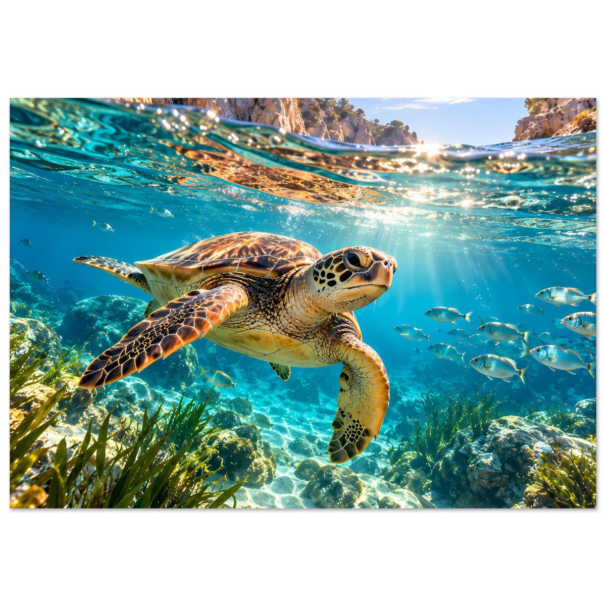 Poster: Meeresschildkröte im türkisblauen Meer, Querformat
