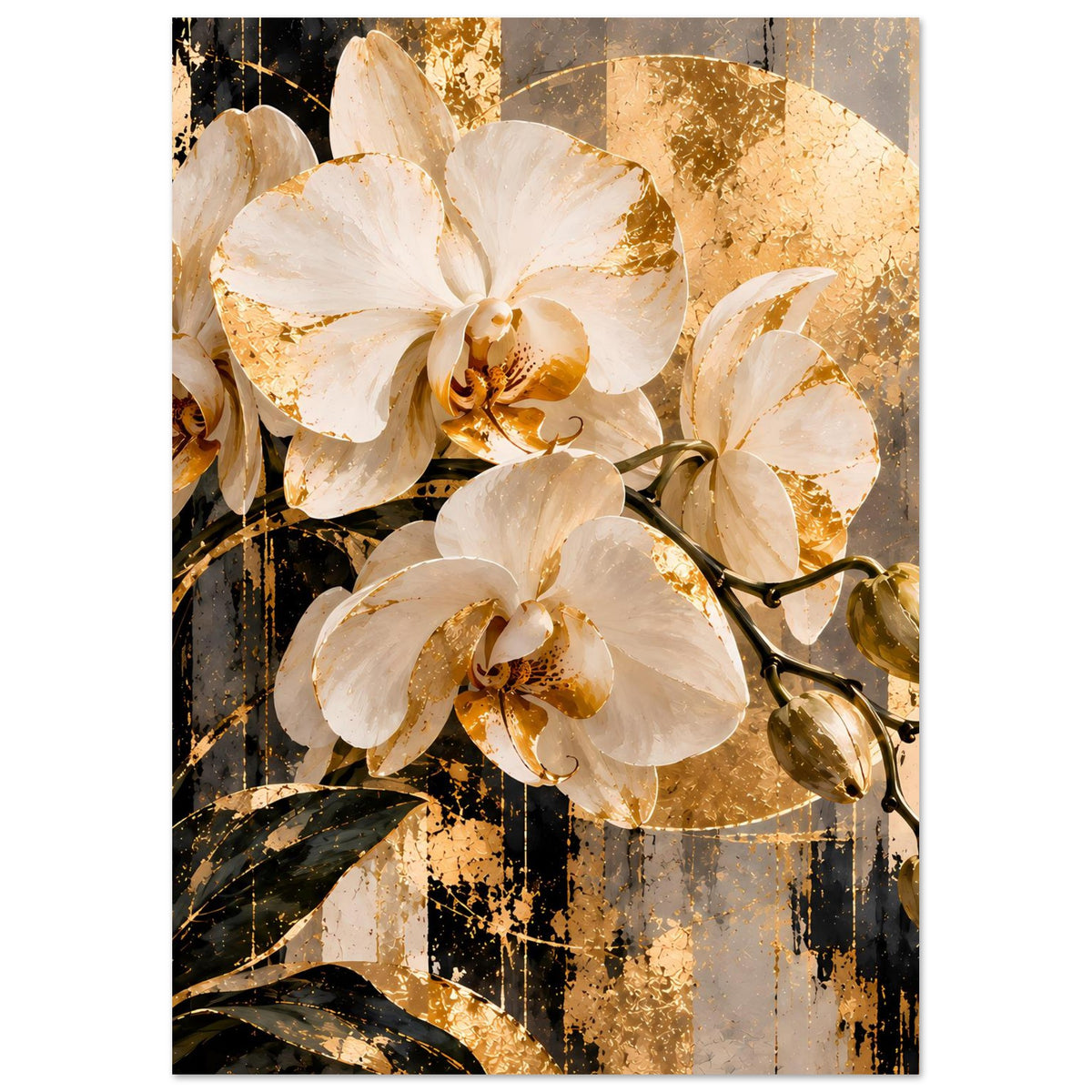 Orchideen-Wandbild vertikal, weiße Blüten mit goldenen Akzenten, dunkle Stiele