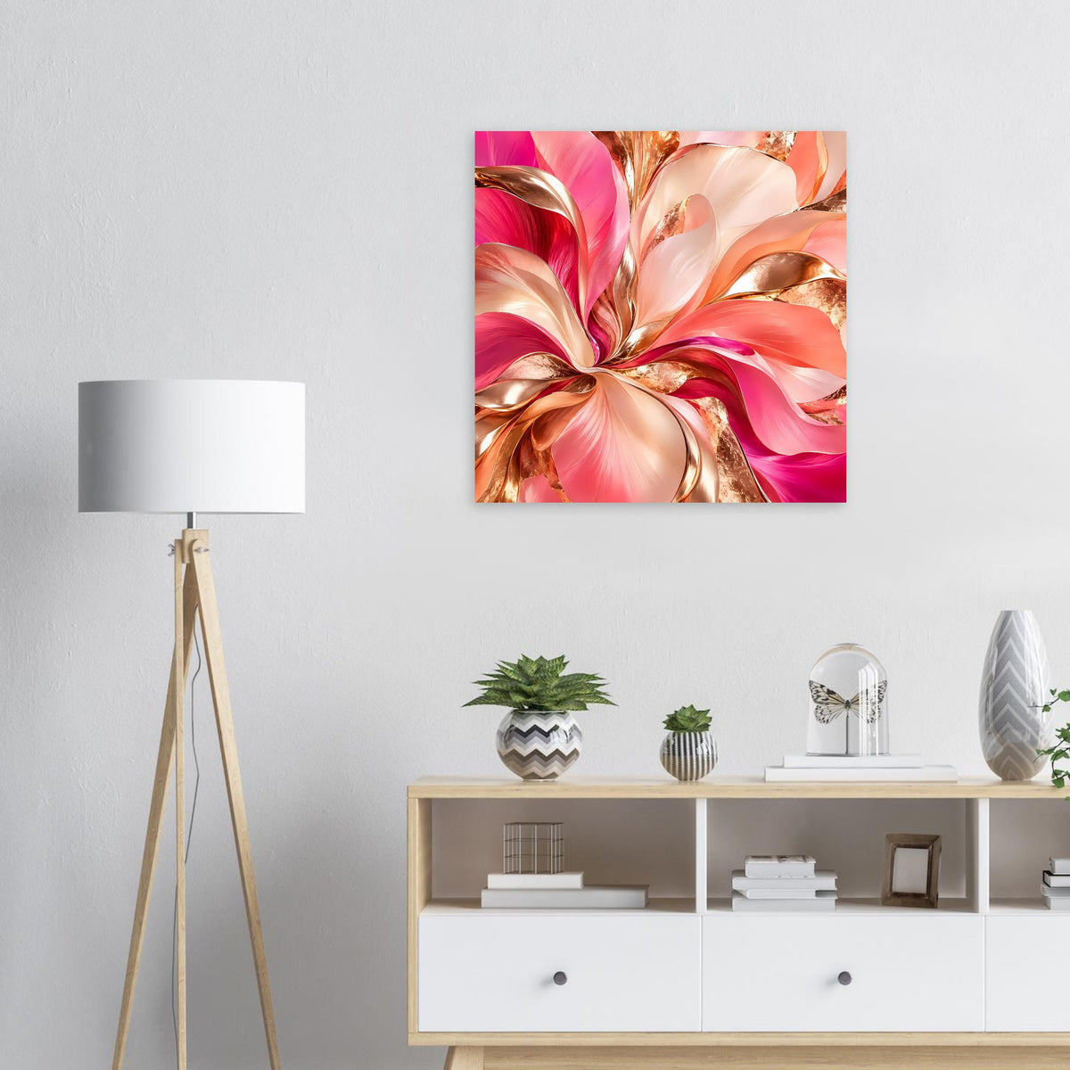 Abstraktes Blumenposter mit Wirbeloptik in Rosa und Gold, quadratisch