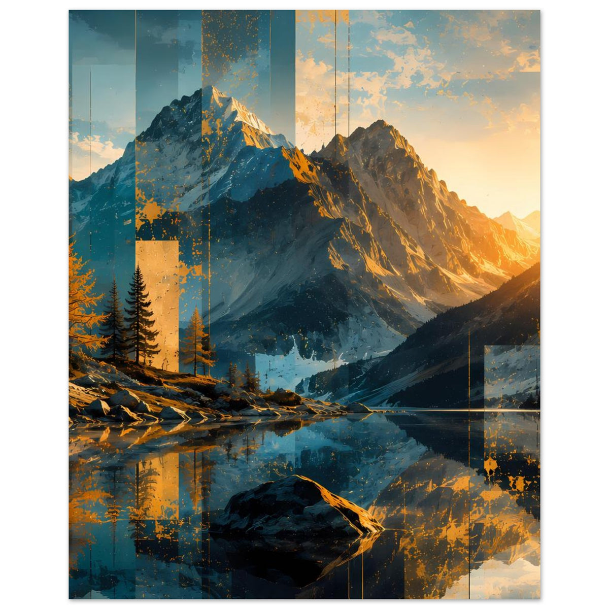 Poster mit abstrakter Berglandschaft, Sonnenlicht an den Gipfeln, Berge und Tannen, Hochformat
