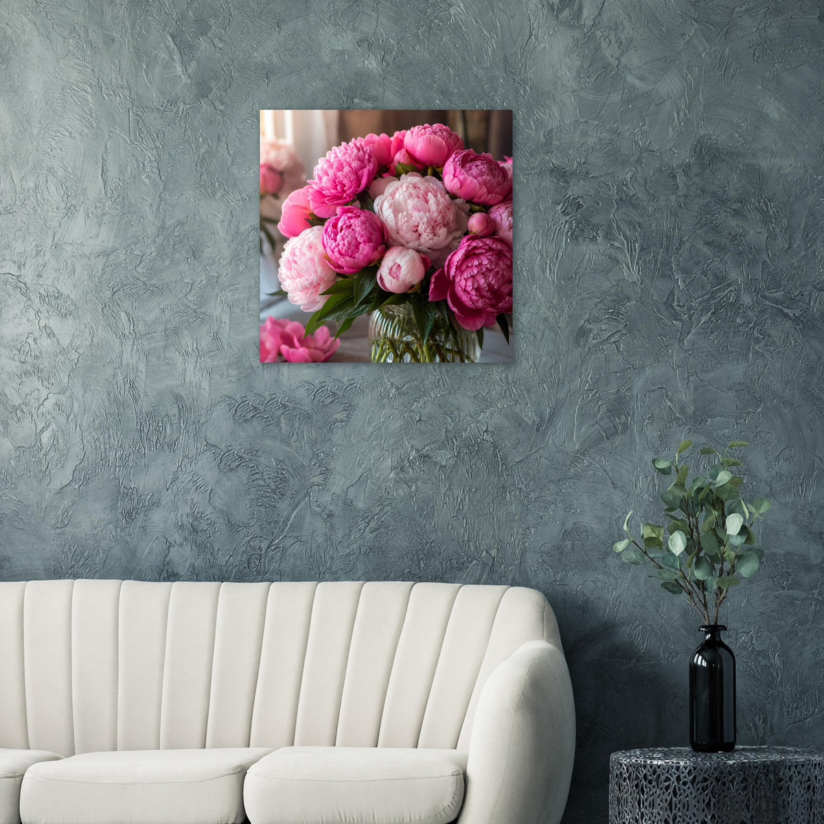 Poster mit rosa Pfingstrosen-Bouquet, dichtes Arrangement aus Blüten