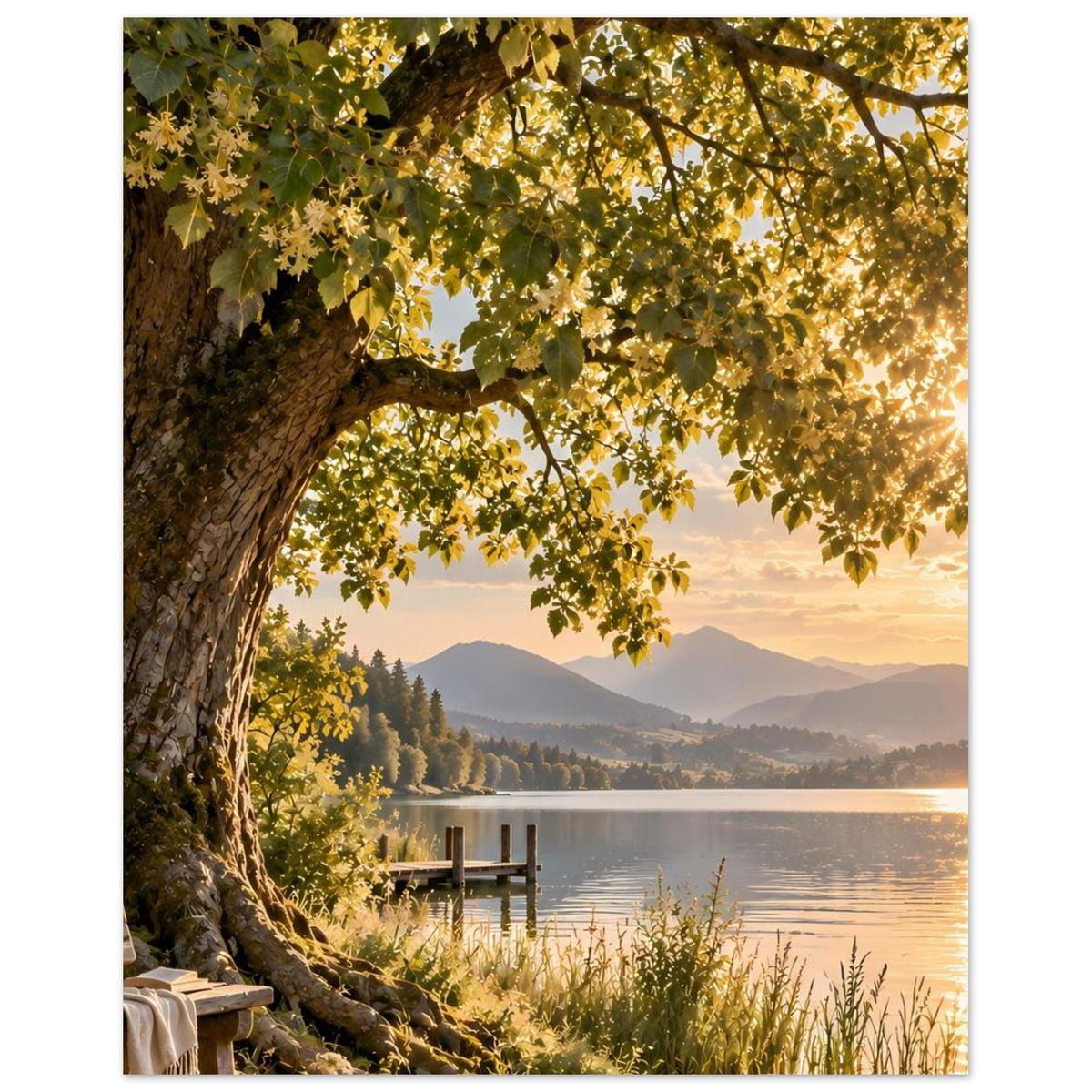Naturposter mit Baum und gelben Blättern über See, Steg und sanfte Hügel im Abendlicht