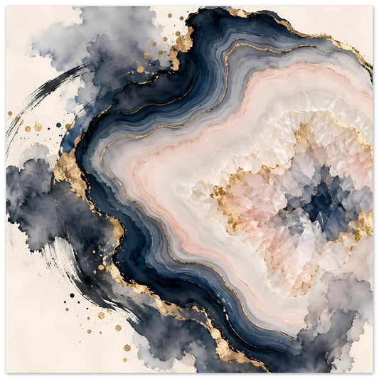 Abstraktes Geoden-Poster mit rosa und blauen Adern, goldenen Akzenten