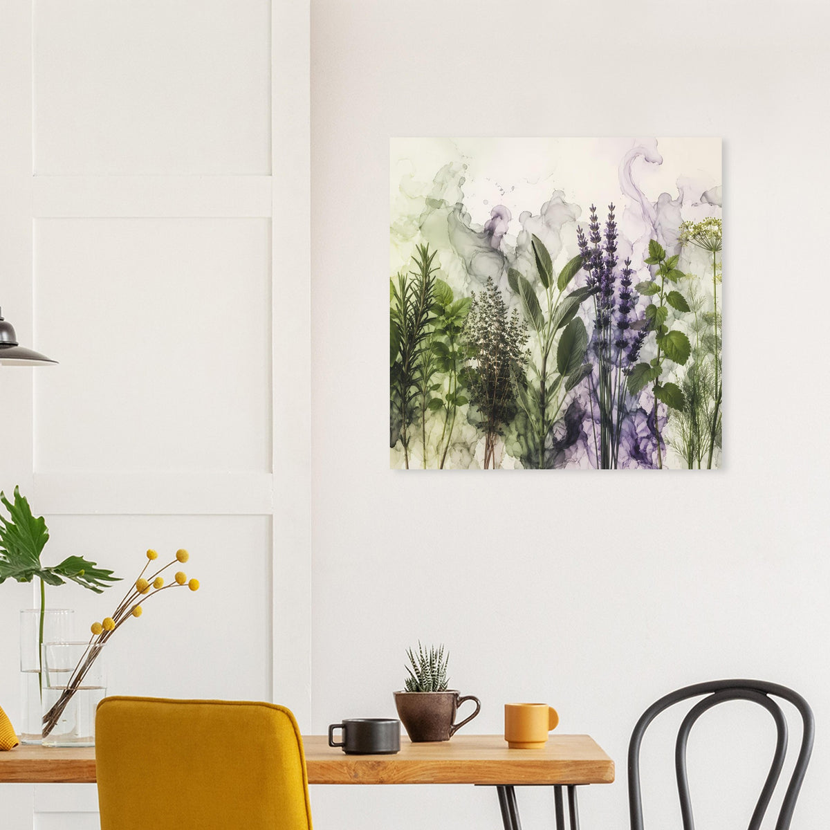Kleines botanisches Poster mit Lavendelblüten und Kräuterpflanzen im Aquarellstil
