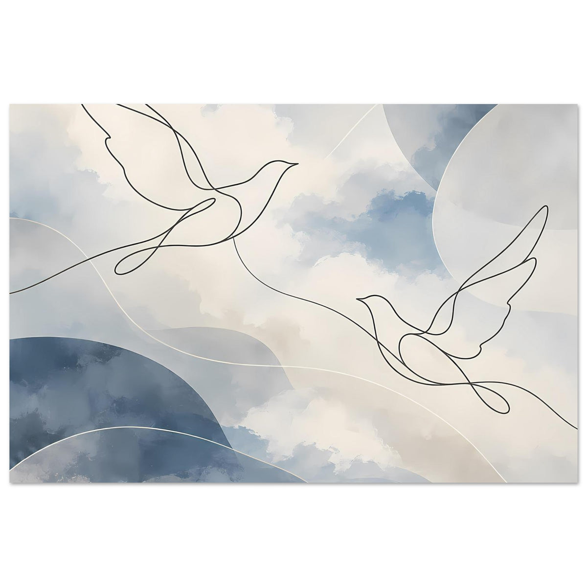 Himmelskunst-Print mit Tauben in Linien, hellen Wolken und blauem Bogen im unteren Bereich