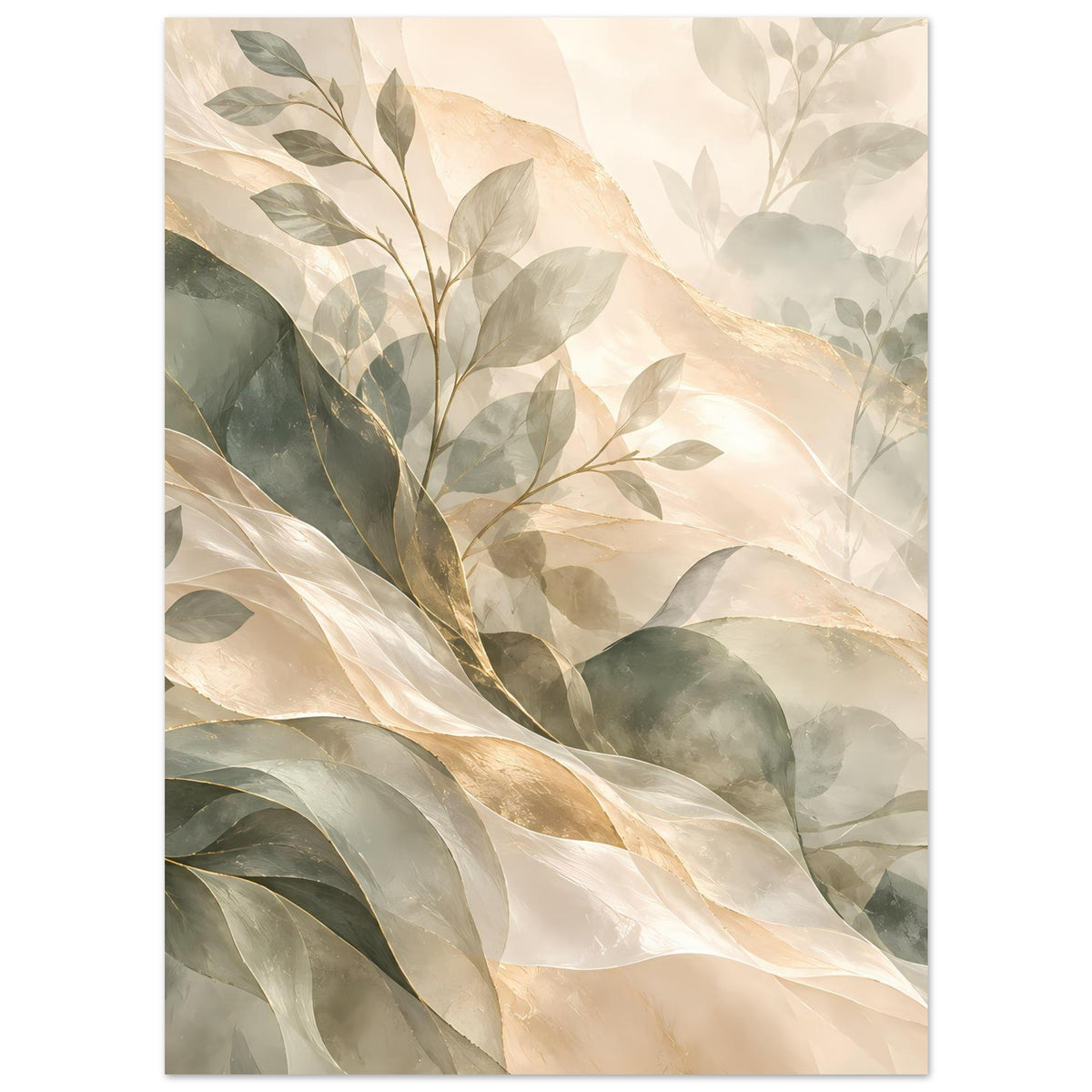 Botanisches Poster im Hochformat: grüne Blätter und helle Cremeflächen mit Goldtönen