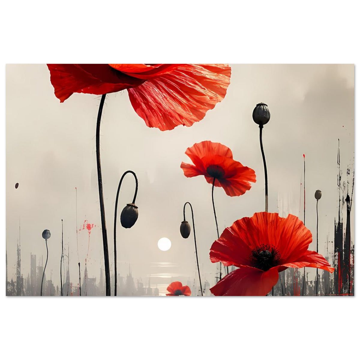 Blumenposter mit großen roten Mohnblüten, abgeschnittene Blüte oben, schwarze Stiele