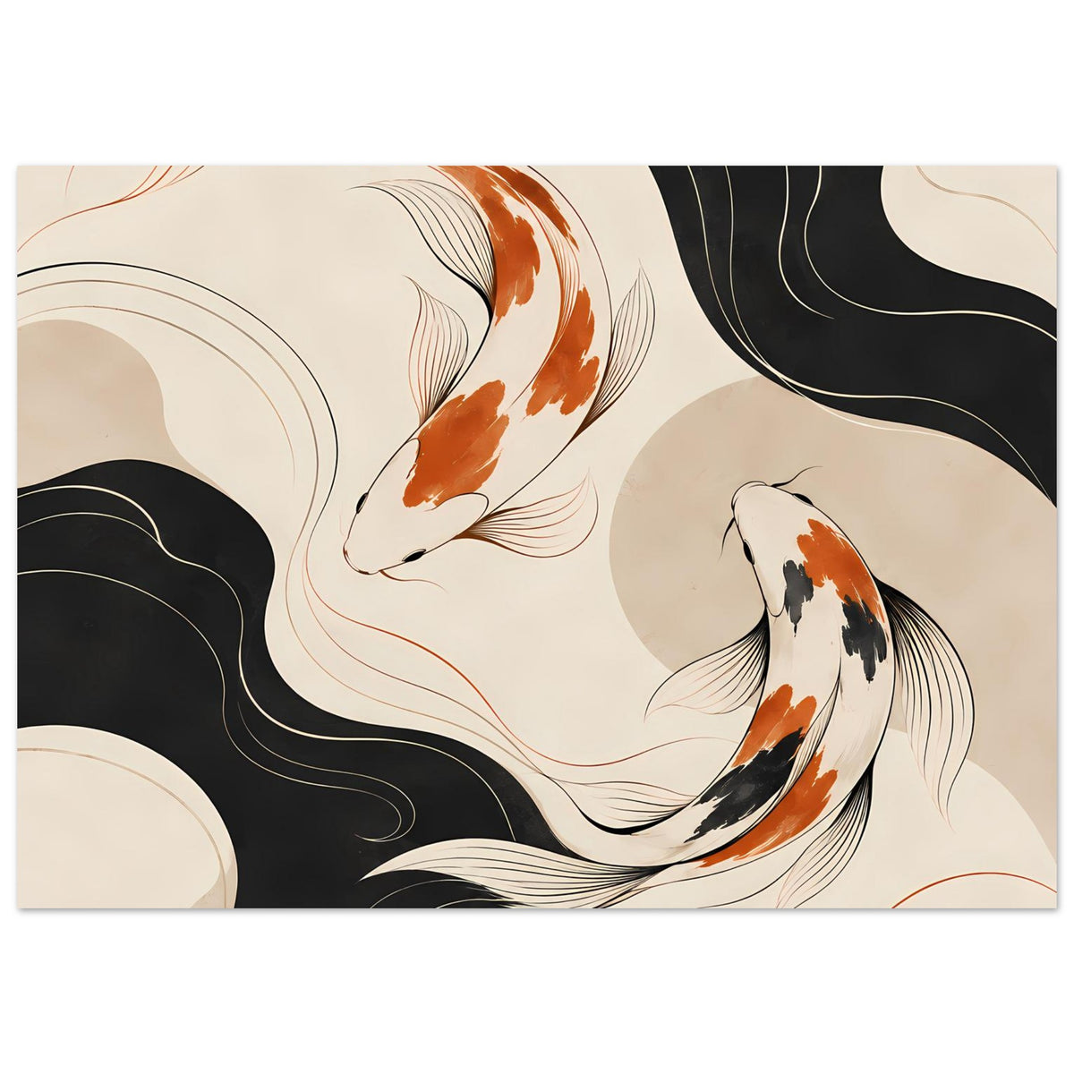 Japanisches Poster mit drei Koi-Fischen und Wellenlinien, schwarz-beige, Querformat