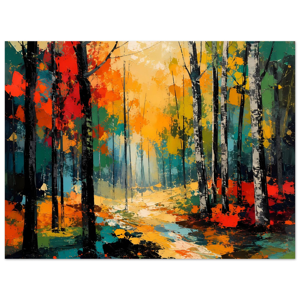 Herbstwald-Poster im Querformat: bunte Bäume, Farbkleckse und Pfad mit Spritzern