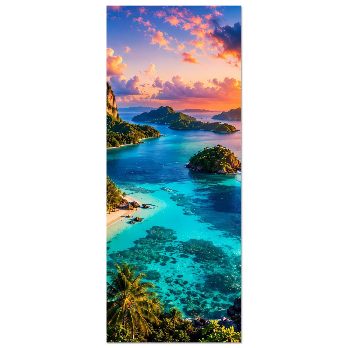 Vertikales Poster mit türkisblauer Bucht, Inseln im Meer und Sonnenuntergang