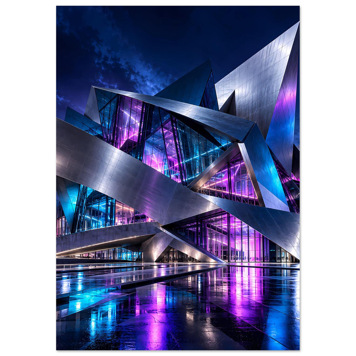 Futuristisches Architekturposter im Hochformat: diagonale Gebäudeteile mit pink-blauen Lichtfenstern