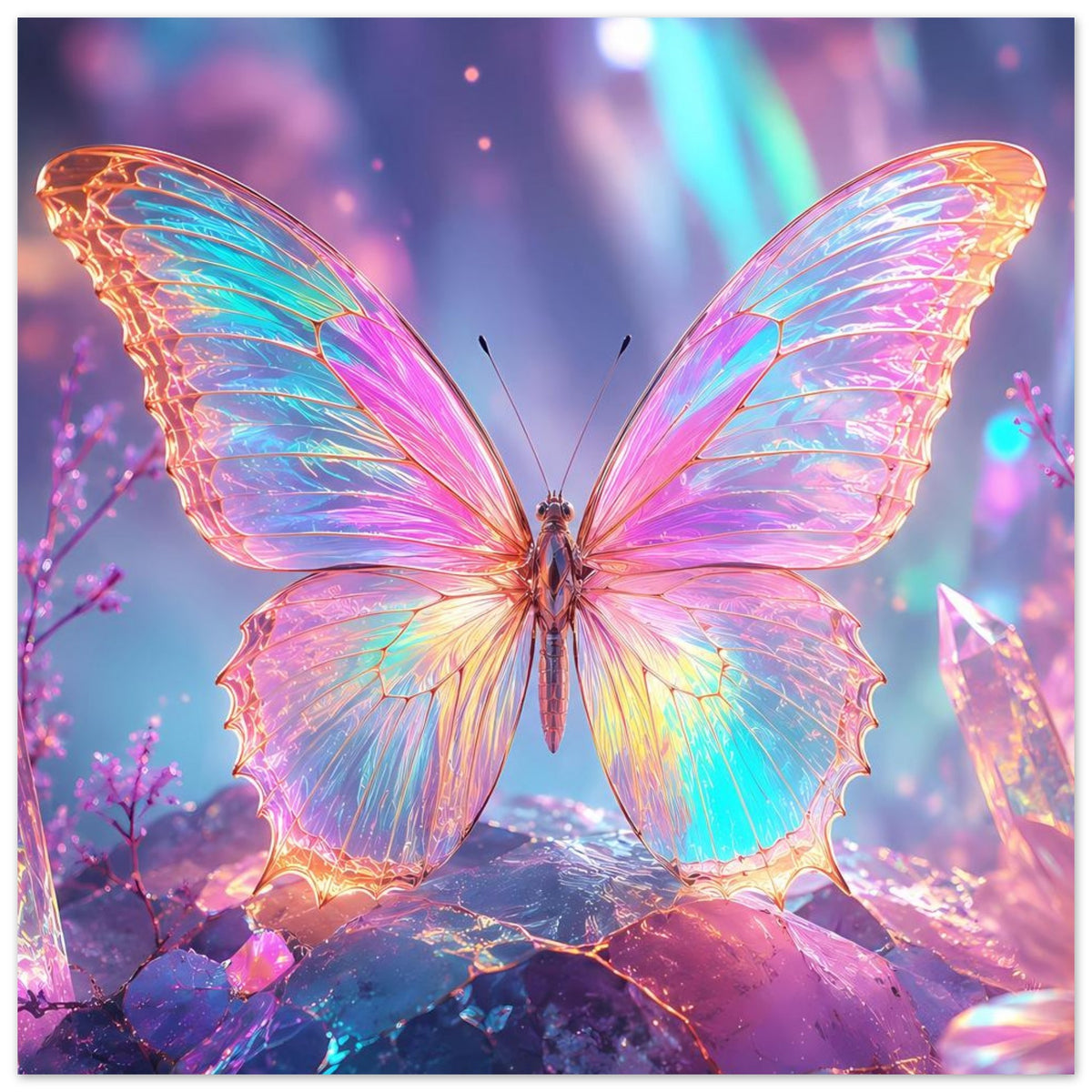 Fantasy-Poster mit Schmetterling und schillernden Regenbogenflügeln zwischen leuchtenden Kristallen