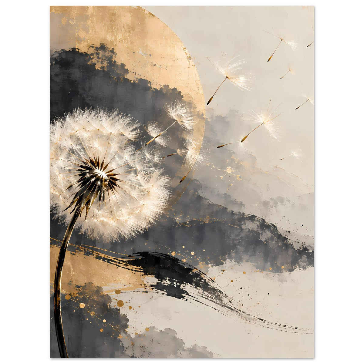 Kunstposter mit Pusteblume links, goldene Bögen, graue Pinselspuren und Sprenkel