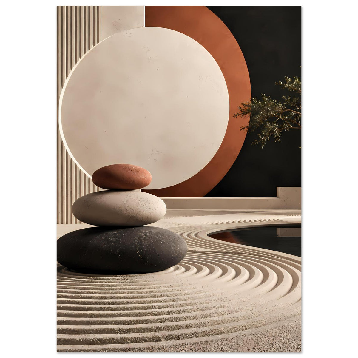 Minimalistisches Poster mit Zen-Steinskulptur, großer Kreis in Creme, Terrakotta-Umrandung.