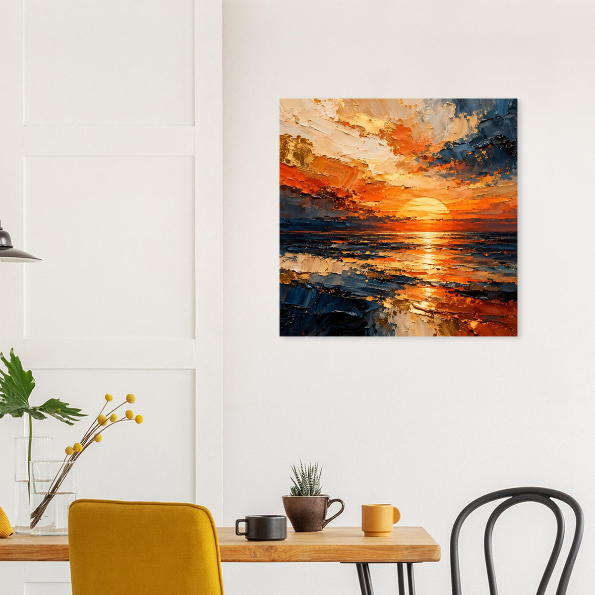 Quadratisches Wandbild-Poster mit abstraktem Meerblick, Sonnenuntergang in Orange und Blau