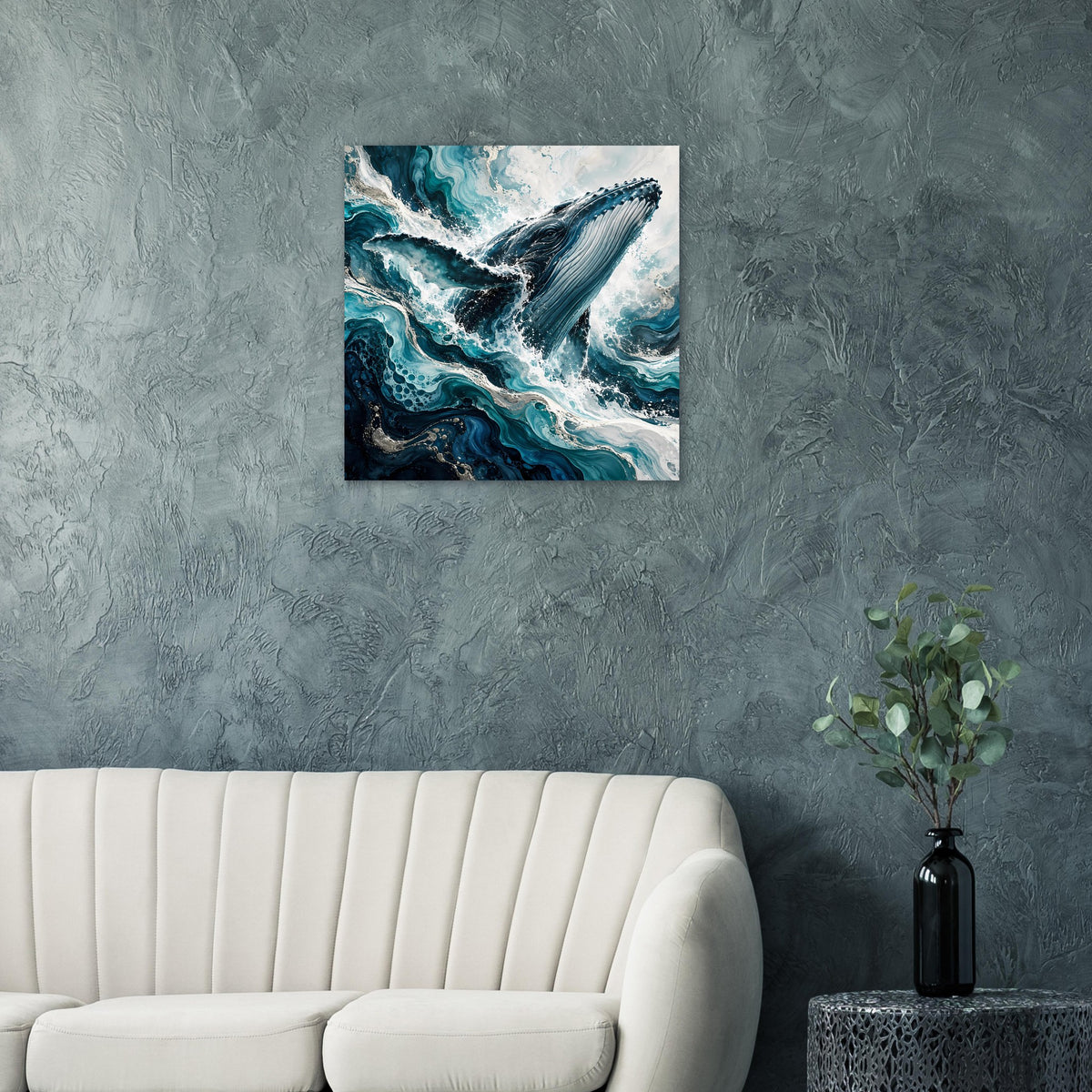 Quadratisches Ozean-Kunstposter: Wal springt durch türkis-blaue Wellen, dunkel gerahmtes Motiv.