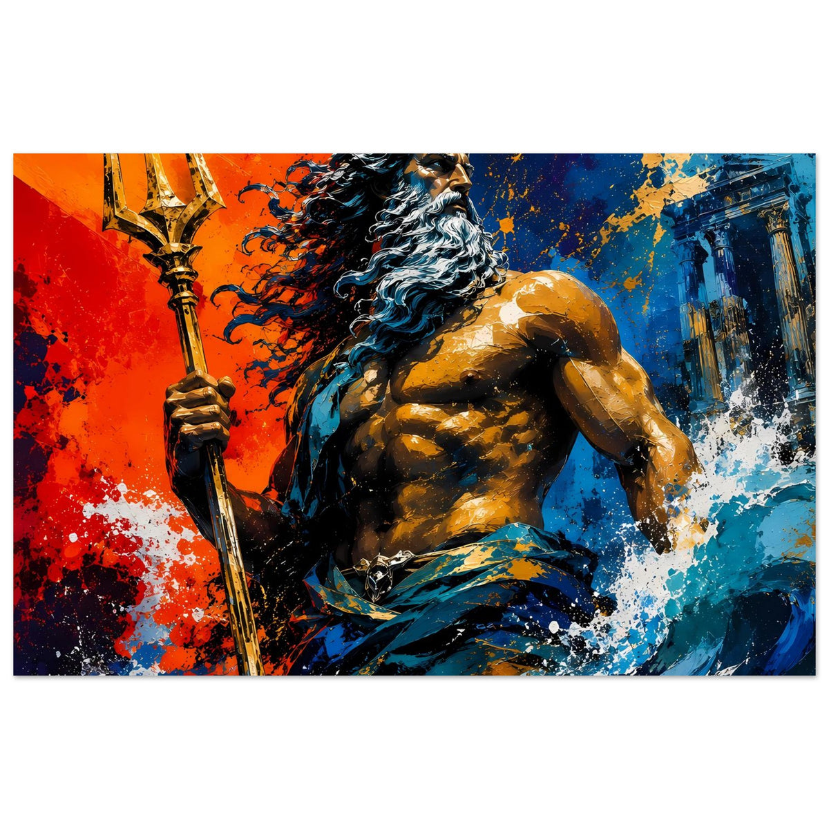 Breites Poster im Querformat mit Neptun-Körper und Dreizack, starke Farb-Spritzer