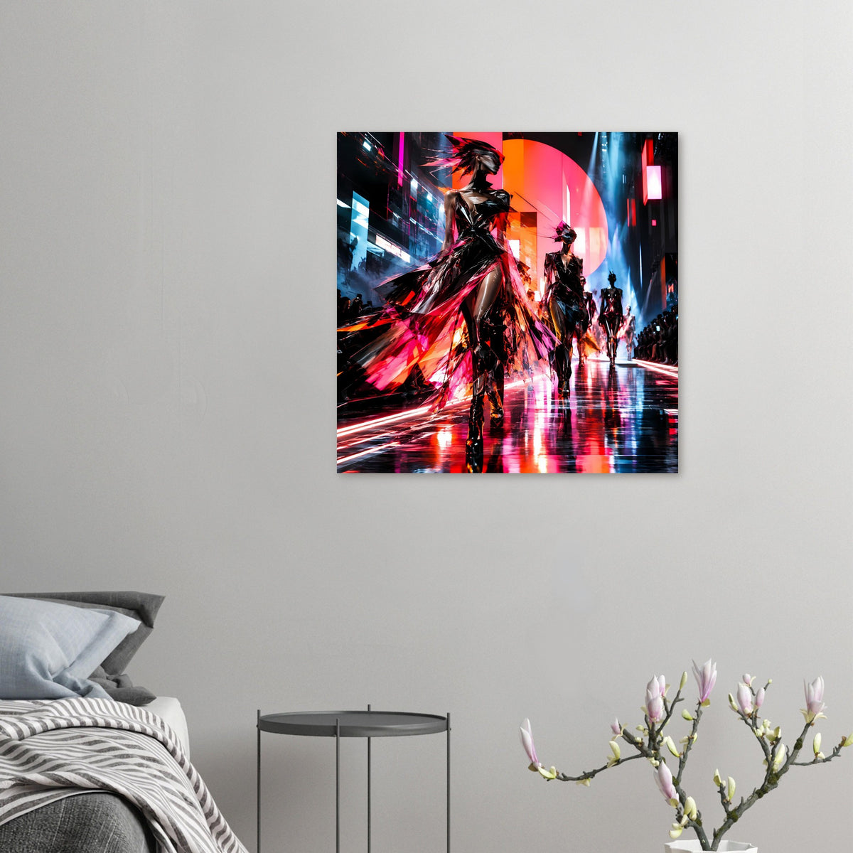 Neon-Fashion-Poster kleinformatig: Laufsteg-Silhouetten in Schwarz mit Neonrot und -blau