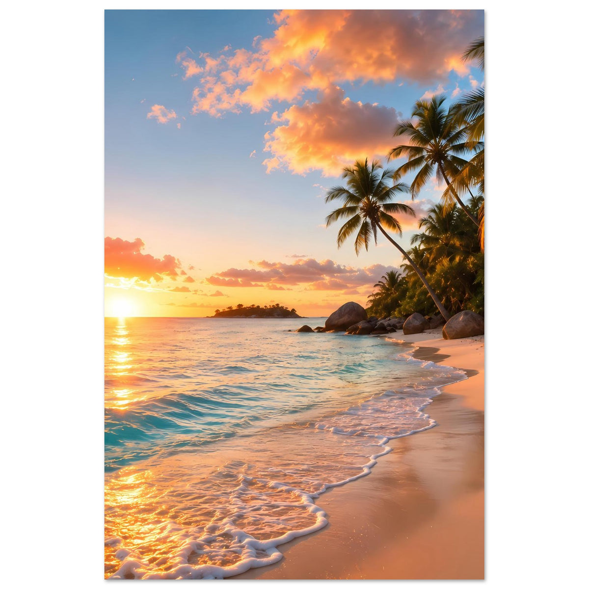 Poster im Hochformat: Sonnenuntergang über dem Meer, Sandstrand und Palmen