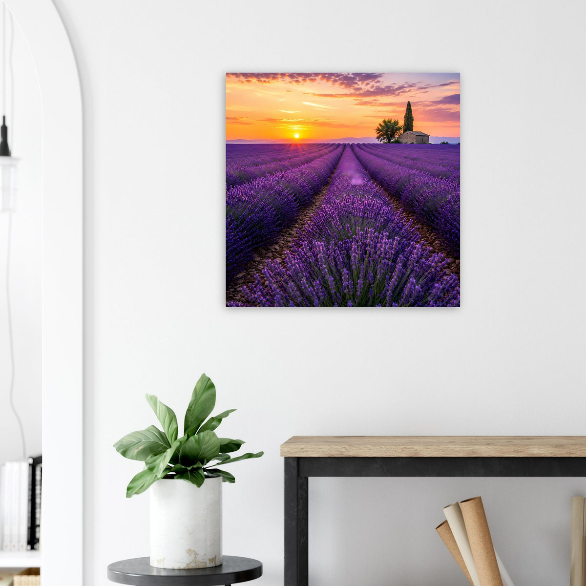 Quadratisches Poster mit violetten Lavendelreihen, Abendhimmel und Sonnenuntergang