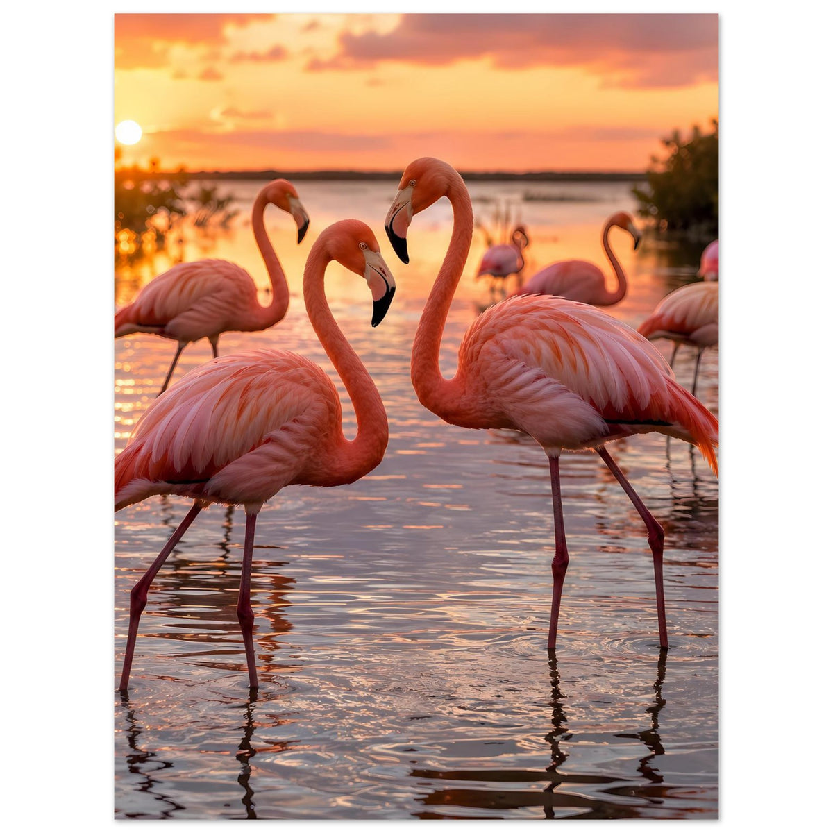 Poster mit Flamingos am See bei Sonnenuntergang, vertikal