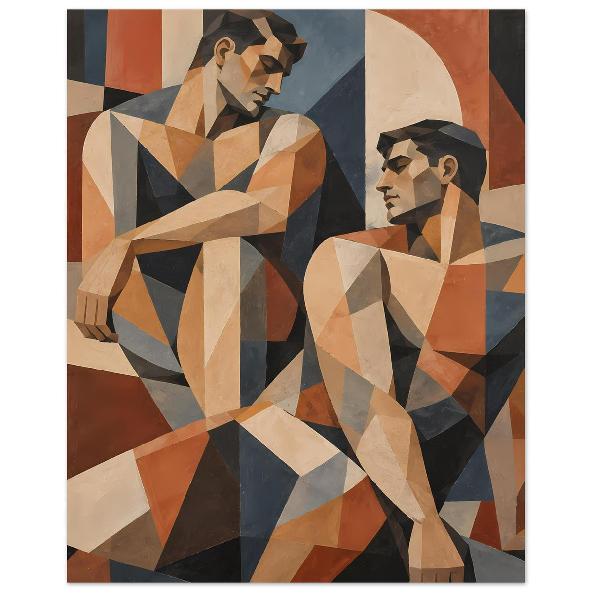 Kunstposter im Hochformat mit geometrischen Figuren: zwei Männer in warmen Erdtönen