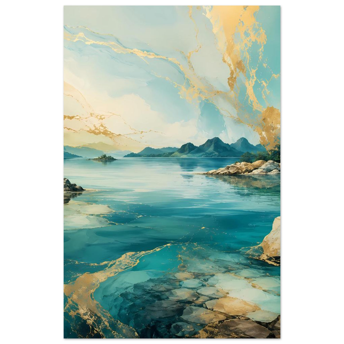 Vertikales Poster mit Uferlandschaft: türkisblaues Wasser, Felsen rechts, ferne Berge