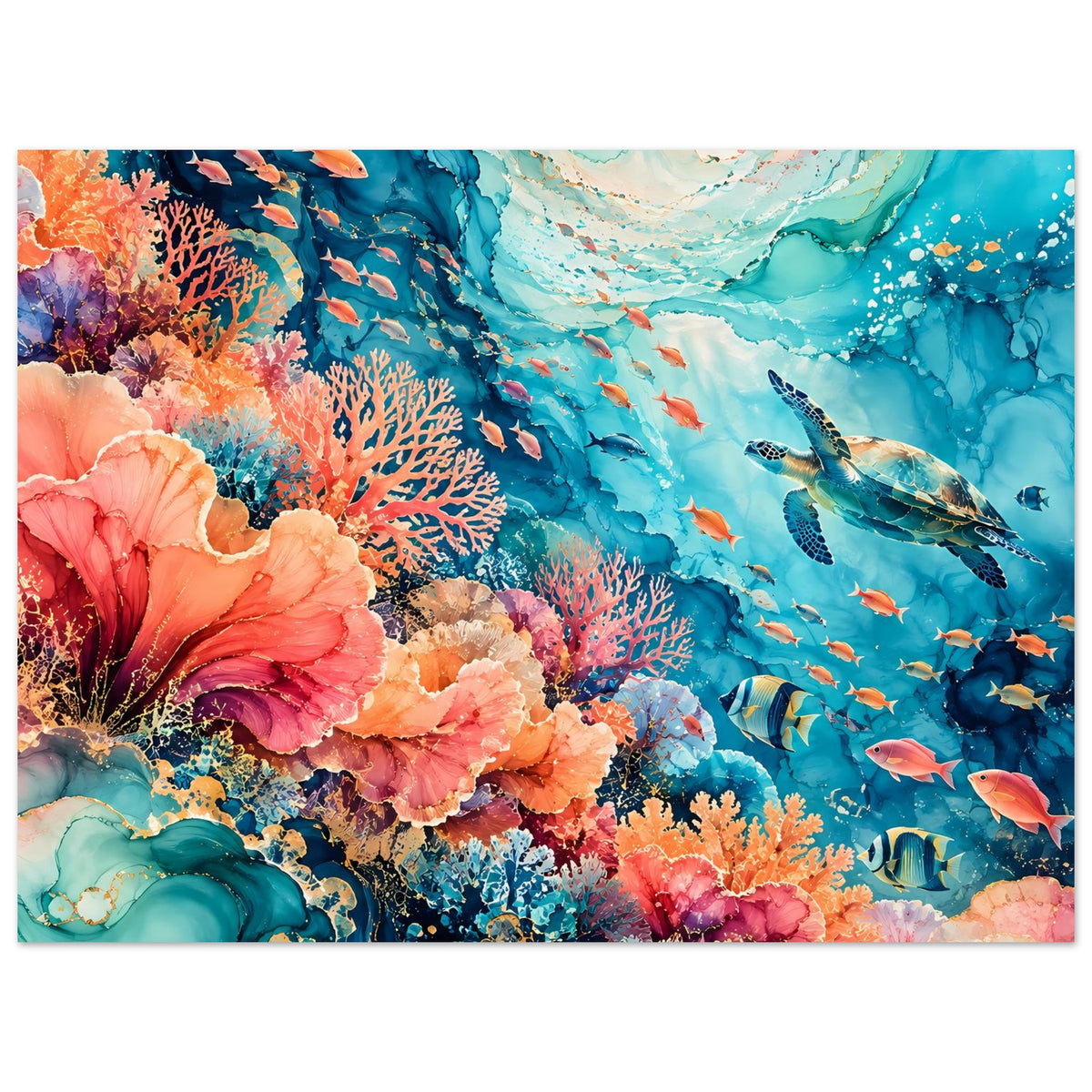Unterwasserparadies-Poster im Querformat: große Korallenblüten, viele Fische im Schwarm