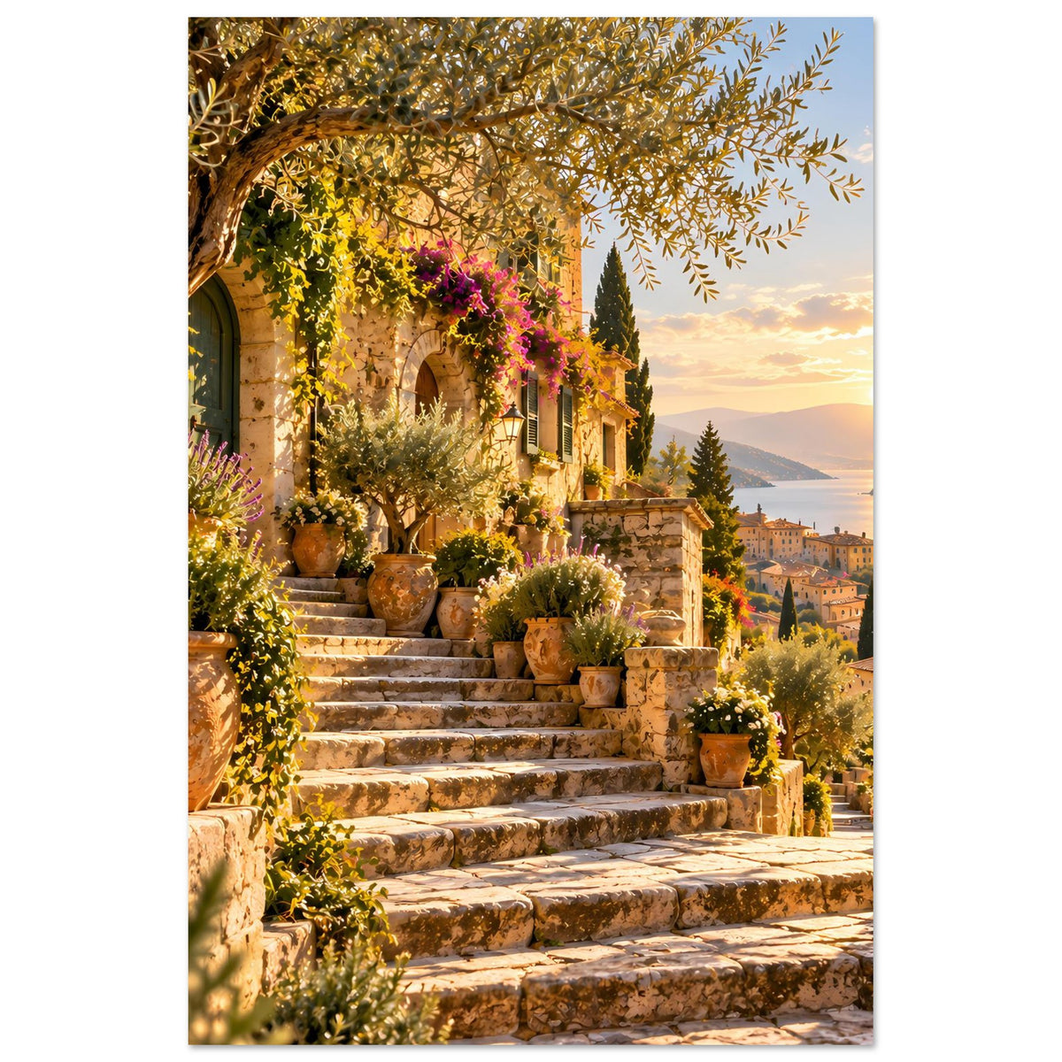 Kunstposter im Hochformat: bepflanzte Treppe mit großen Töpfen und warmem Himmel bei Sonnenuntergang