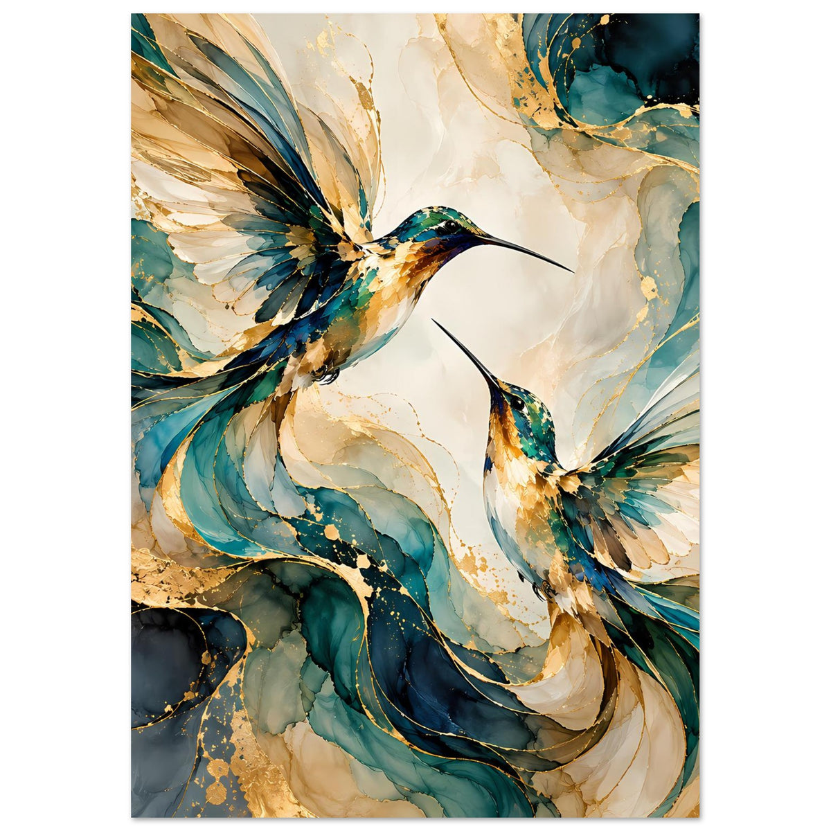 Vogelposter im Hochformat mit Kolibris, goldenen und blauen Federwirbeln