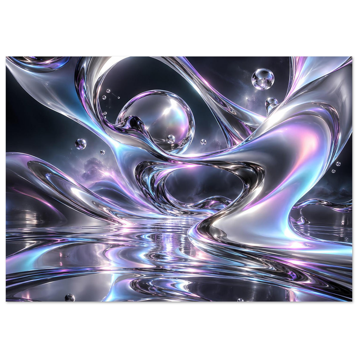 Chrom-Liquid-Poster (Querformat) mit schillernden Wellen und Glaskugeln