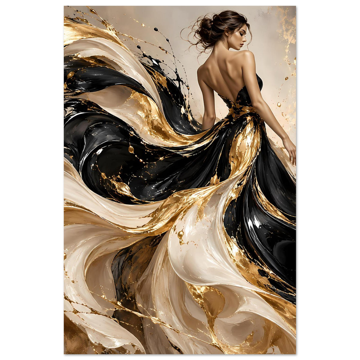 Kunstposter im Hochformat mit Rückenakt-Figur und abstrakten Wirbeln in Schwarz und Gold