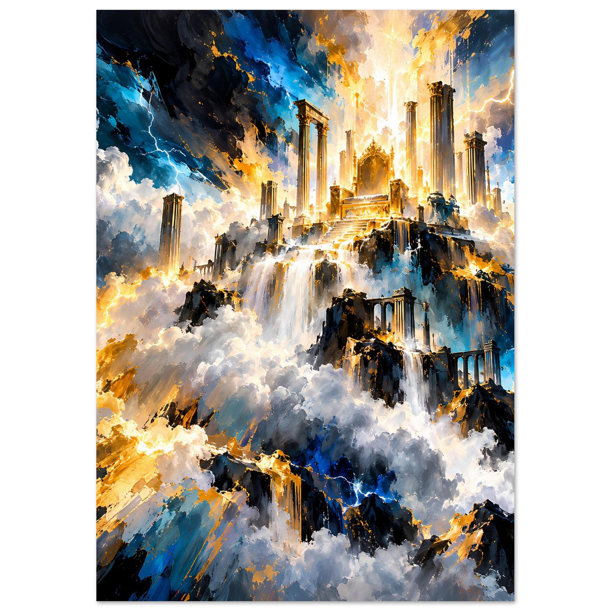Gerahmtes Fantasy-Poster im Hochformat: Tempellicht über Wolken, Wasserfälle, Türme und Blitze