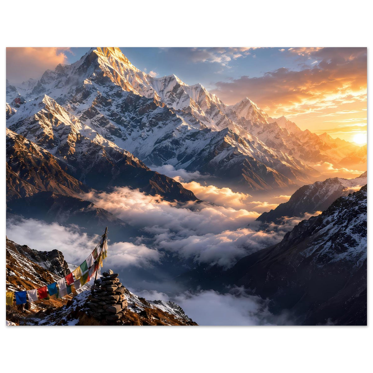 Horizontales Poster mit Himalaya-Berglandschaft im Sonnenaufgang, Schneeberge und Wolkenmeer
