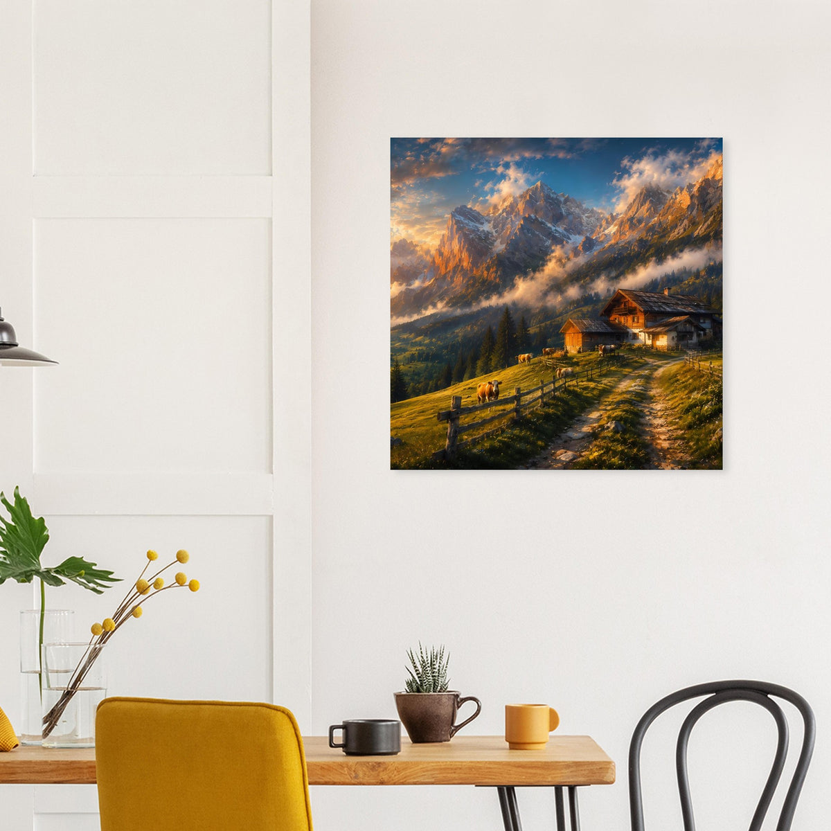 Poster mit Almhütte und Bergstraße, dahinter hohe Gipfel und Abendlicht