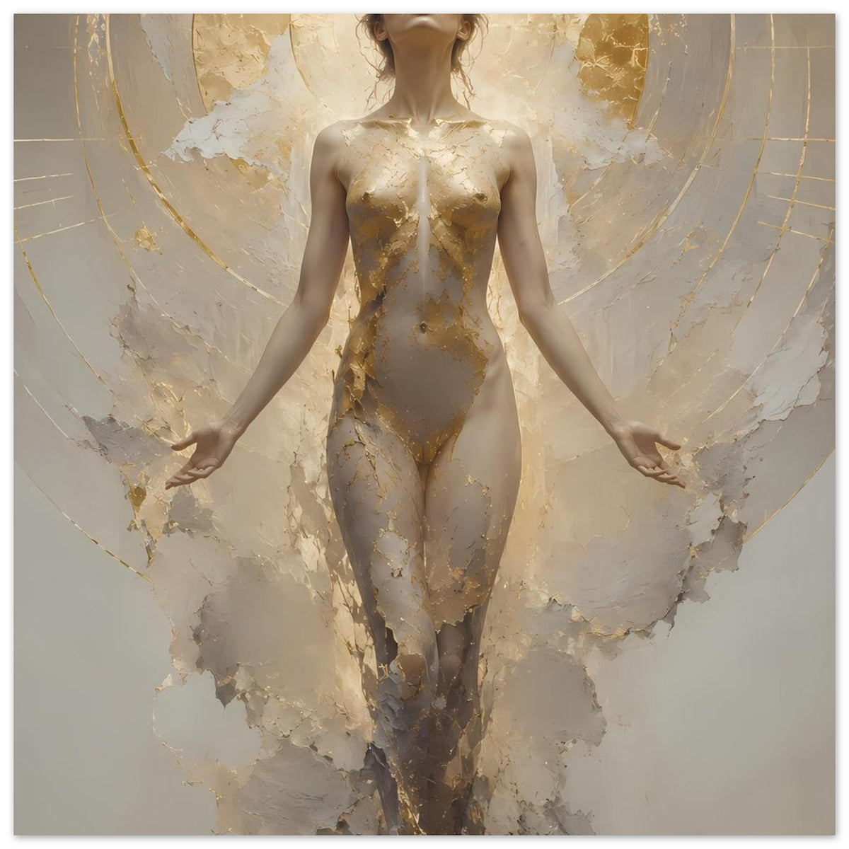 Poster mit schwebender Frauenfigur in Creme und Gold, Figur im Zentrum mit gold glänzenden Details
