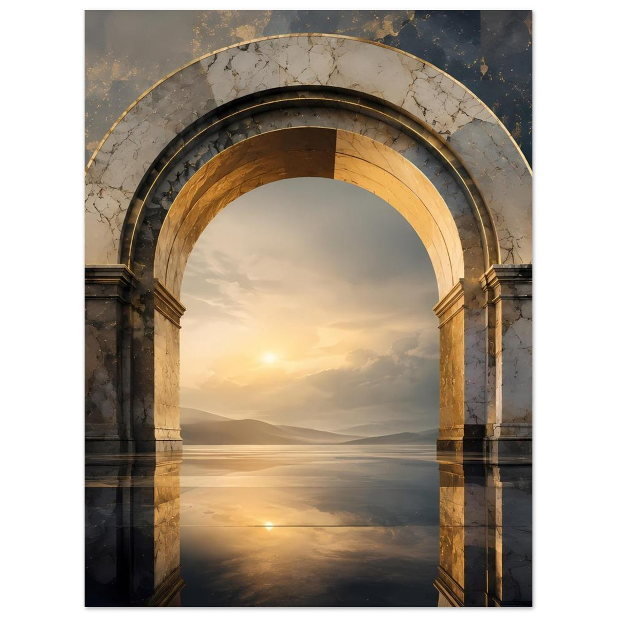 Poster mit Rundbogen aus Marmor, goldene und dunkle Einfassungen, Blick auf Sonnenhimmel