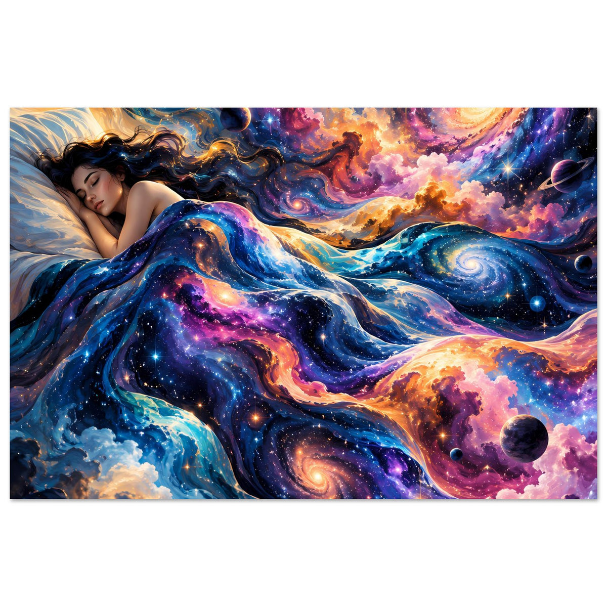 Galaxie-Poster im Querformat: Frau mit kosmischer Decke, Spiralgalaxie und Sterne