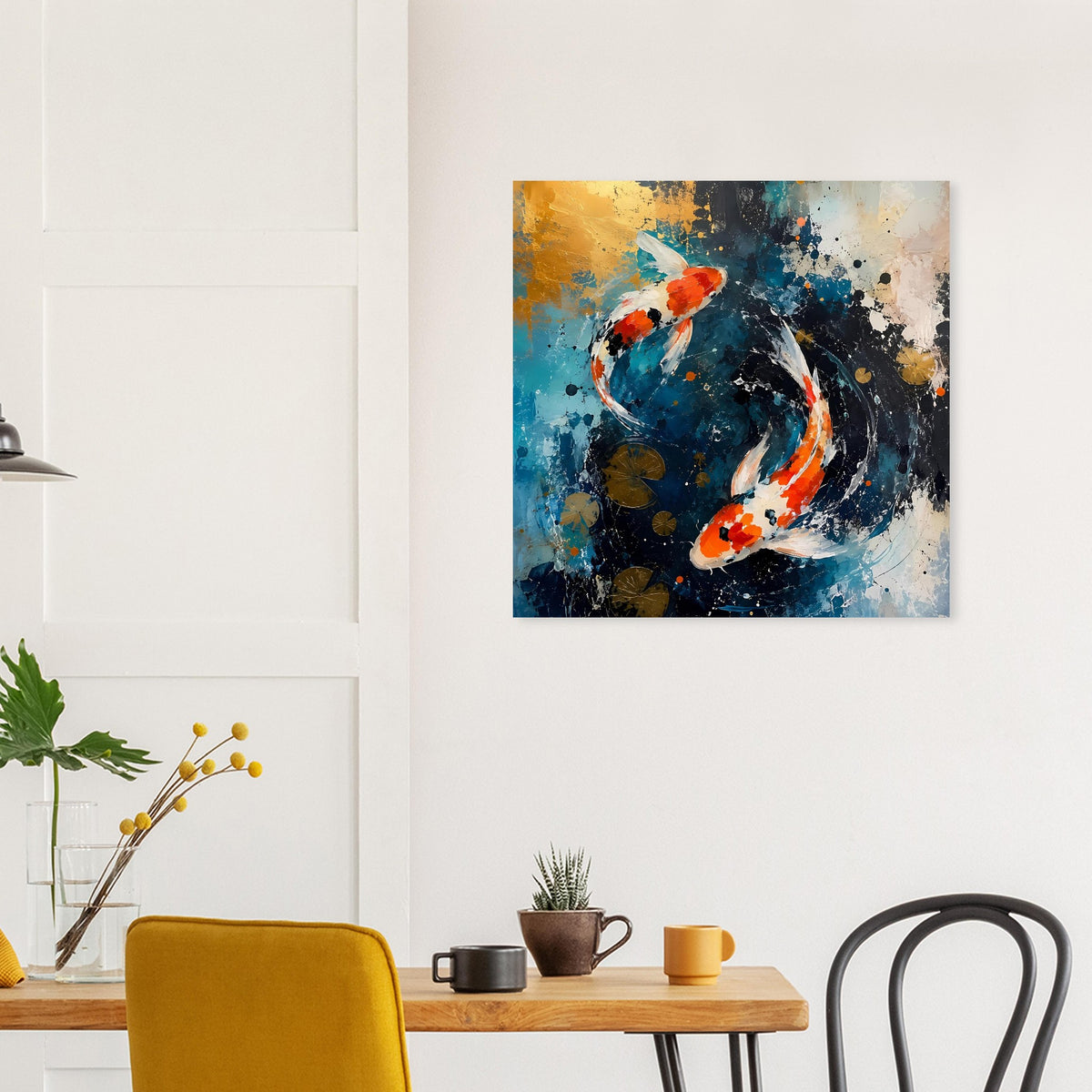 Gerahmtes Poster mit zwei Koi im abstrakten Wasserwirbel aus Blau, Schwarz und Orange