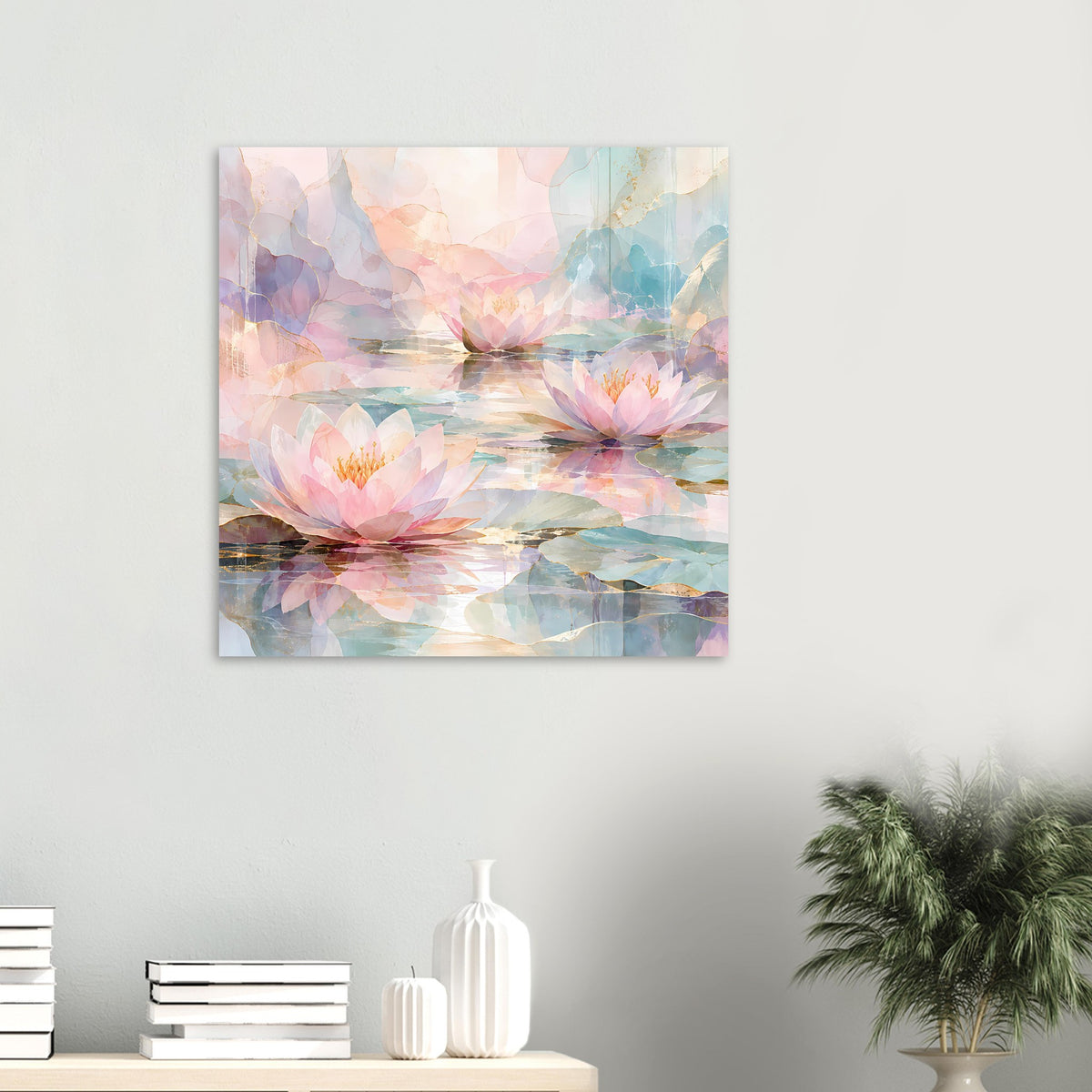 Kleines, horizontales Poster mit Seerosen auf Wasser, zarte Pastelltöne