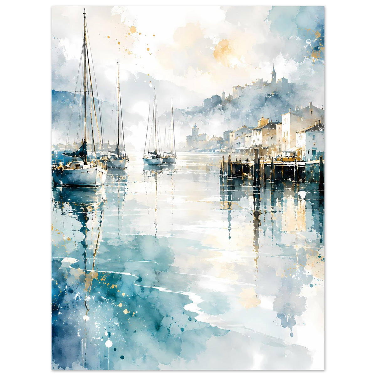 Vertikales Aquarell-Poster mit Segelbooten, Marina-Stimmung und Reflexionen im Wasser