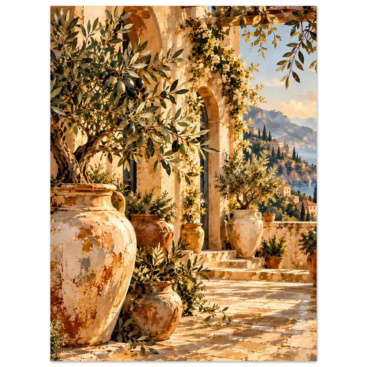Posteransicht: mediterrane Terrasse mit Olivenzweigen, hohen Vasen und Steintreppe
