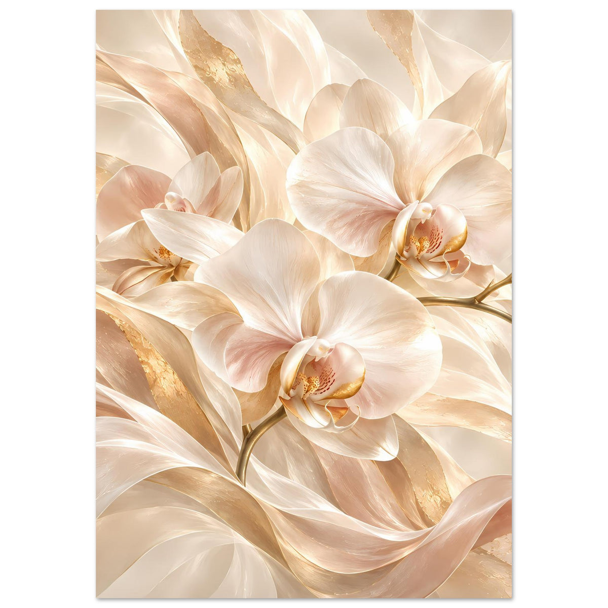 Orchideen-Poster im Hochformat mit mehreren weißen Blüten und schimmernden Goldfäden