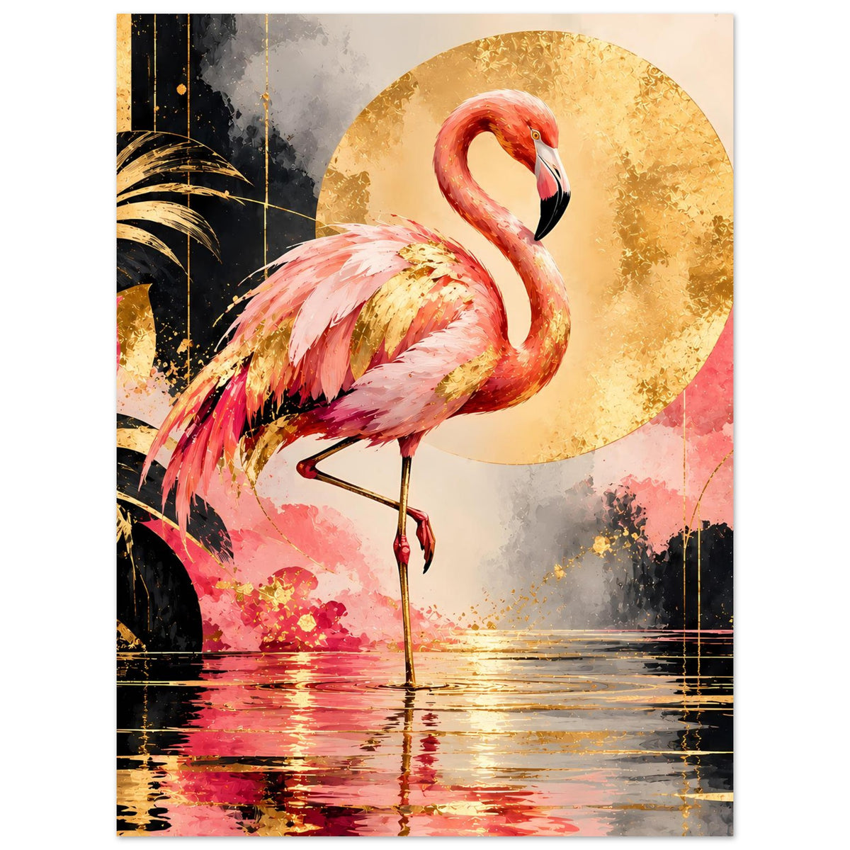 Tierposter: Flamingo in Pink mit goldenem Kreis, Federn mit bunten Farbakzenten