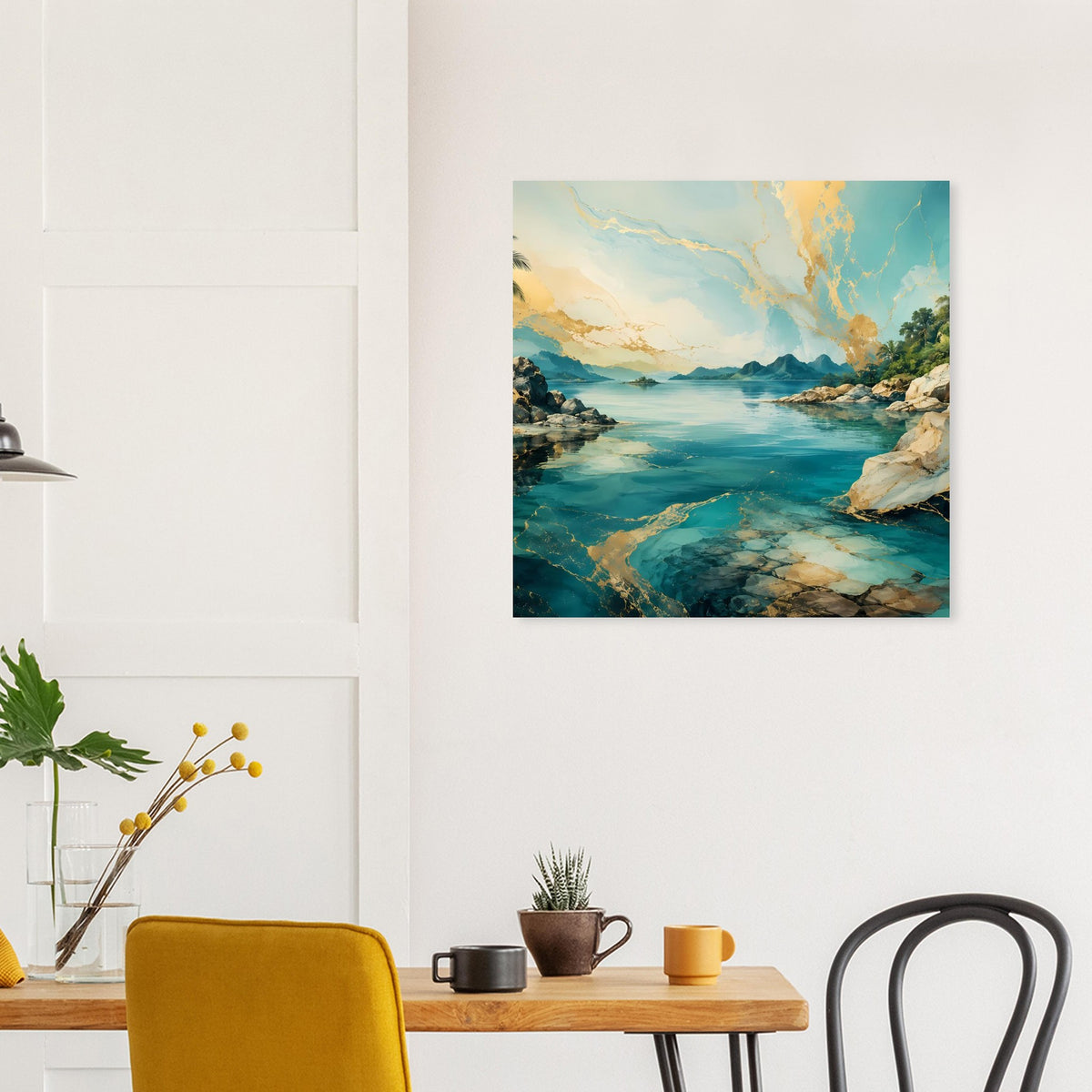 Quadratischer Wandposter mit Küstenlandschaft: ruhiges Meer, Felsenküste, gelb-blauer Himmel